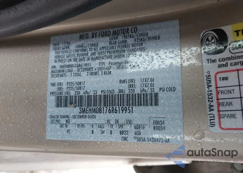 2006 Mercury Milan V6 Premier z USA, uszkodzony, nr VIN 3MEHM08176R619951